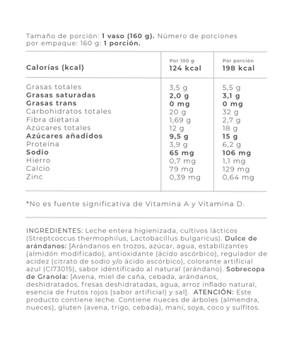 Información Nutricional - Arándanos / 160 gr