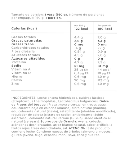 Información Nutricional - Frutos del bosque sin azúcar / 160 gr