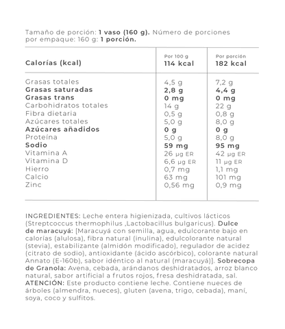 Información Nutricional - Sugar-free passion fruit / 160 gr