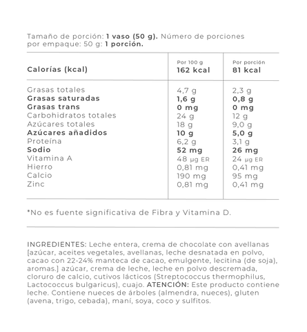Información Nutricional - Chocolate y avellanas / 50 gr