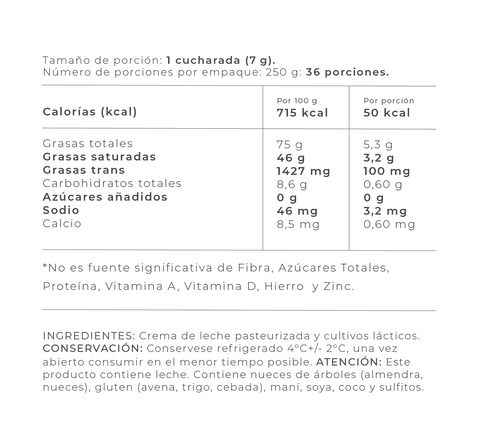 Información Nutricional - 250 gr / Sin sal