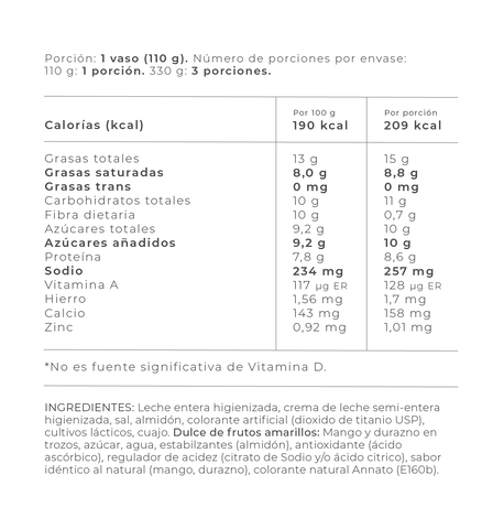 Información Nutricional - Frutos amarillos / 110 gr