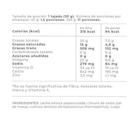 Información Nutricional - 330 gr