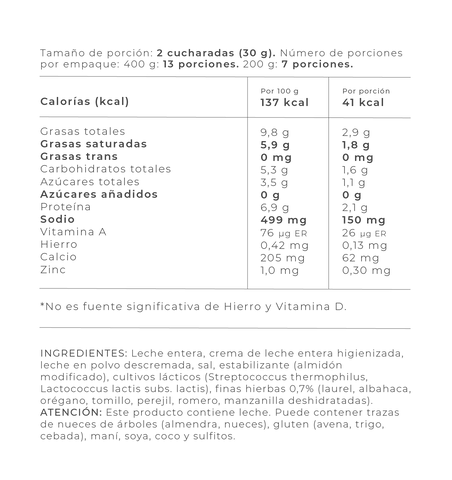 Información Nutricional - 200 gr / Finas hierbas