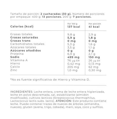 Información Nutricional - 200 gr / Natural