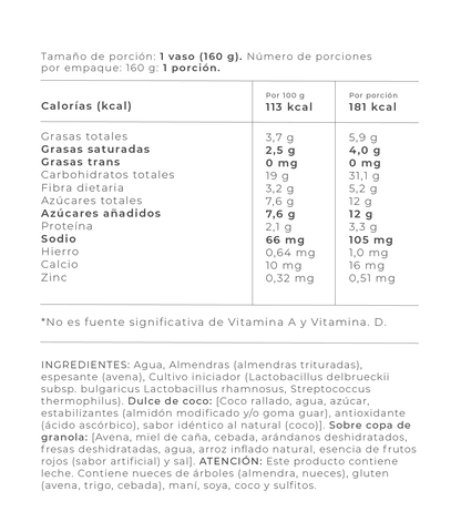 Información Nutricional - Coconut / 160 gr